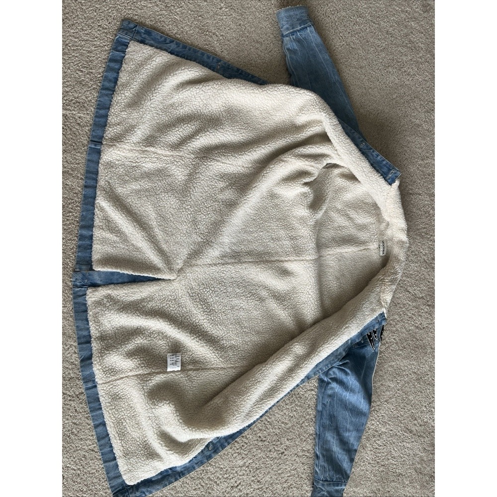 Uooyaa Denim Sherpa Trench Jacket Womens Size Small Flames Jeweled Sequin 160/80 - Picture 5 of 6